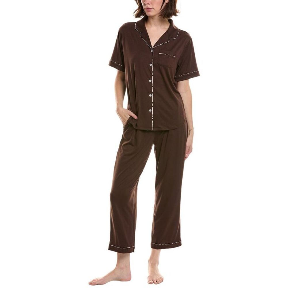 Flora By Flora Nikrooz Womens  2Pc Printed Knit Notch Collar Pajama Set, Brown